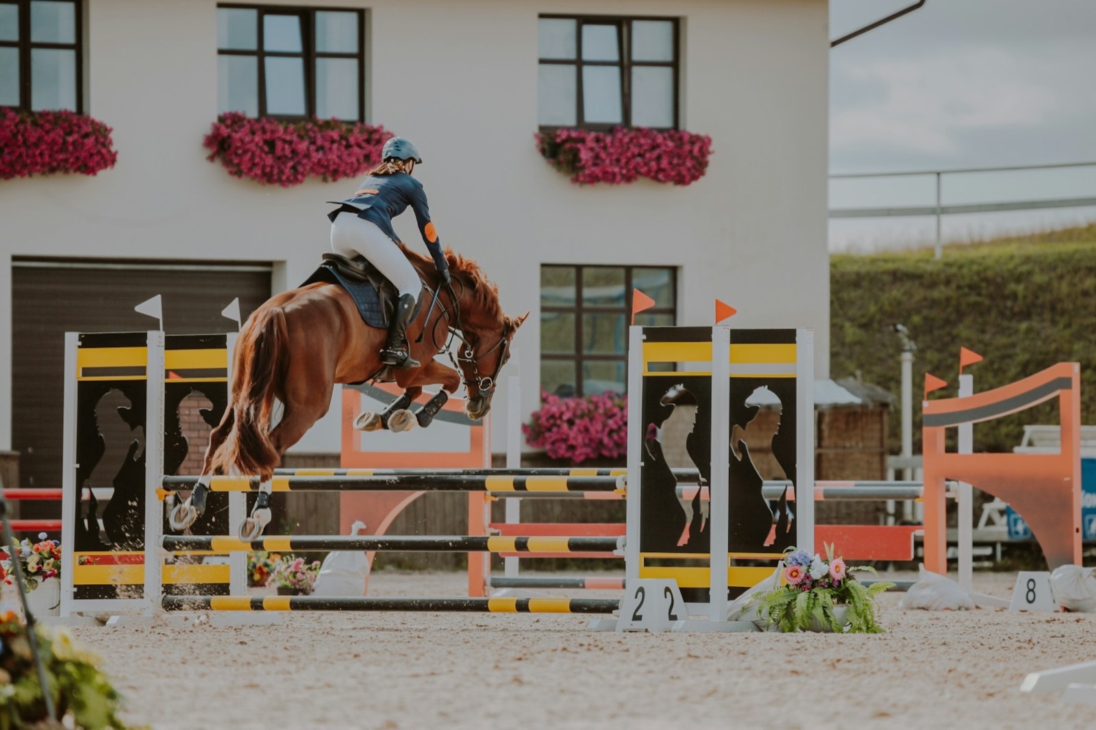 A rider and horse clearing a jump